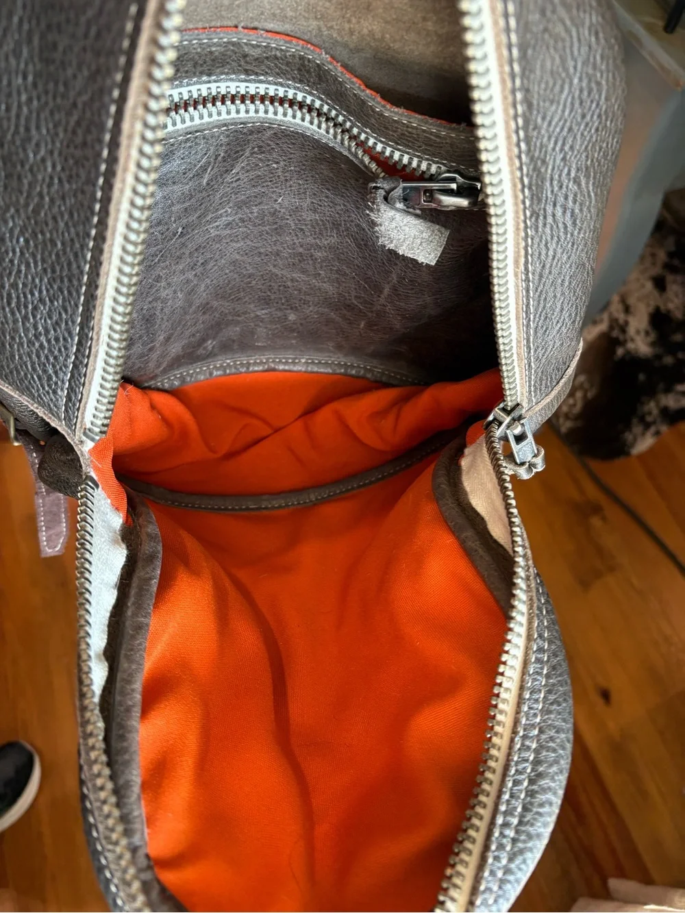 Compact Leather Backpack with Silver Zippers - Dark Brown